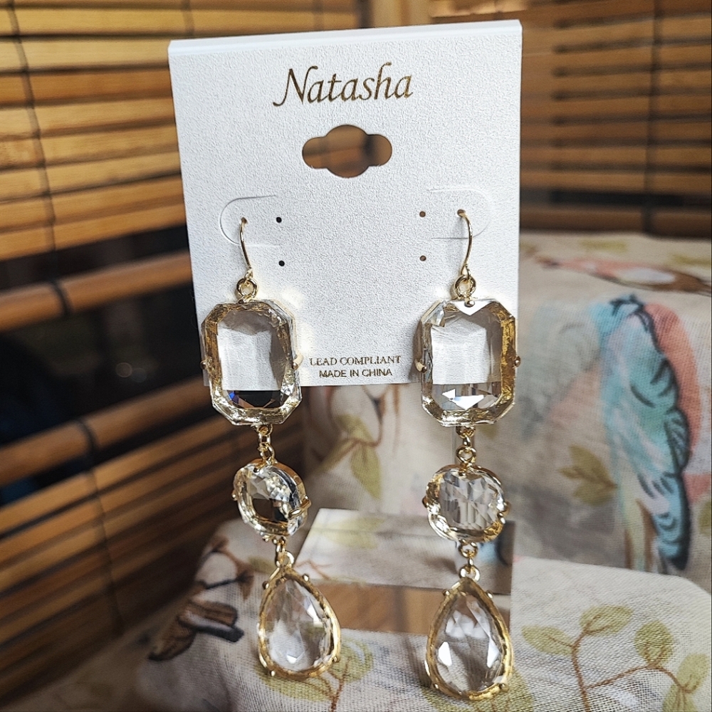 NATASHA Couture Dramatic Gold Tone Long Thick Clear Glass Chandelier Earrings